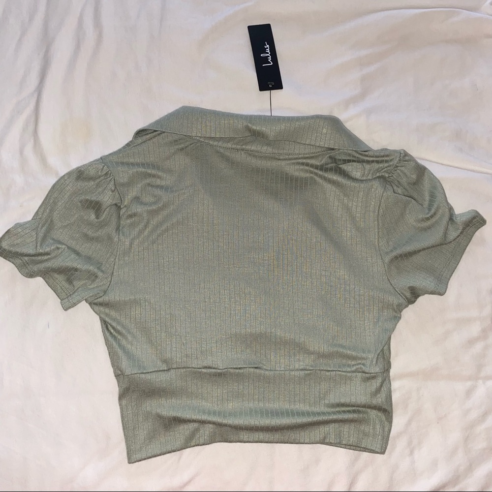 Lulu’s Sage Green Ribbed Collared Short Sleeve Crop Top - Picture 6 of 8